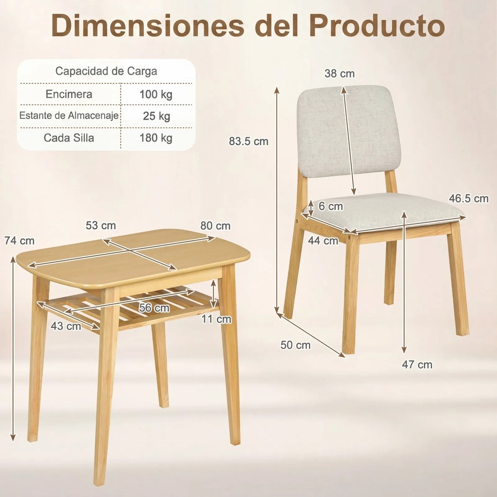 Conjunto de 1 Mesa de Jantar Oval e 2 Cadeiras, 80 x 53 x 74 cm, Assentos Acolchoados, Natural