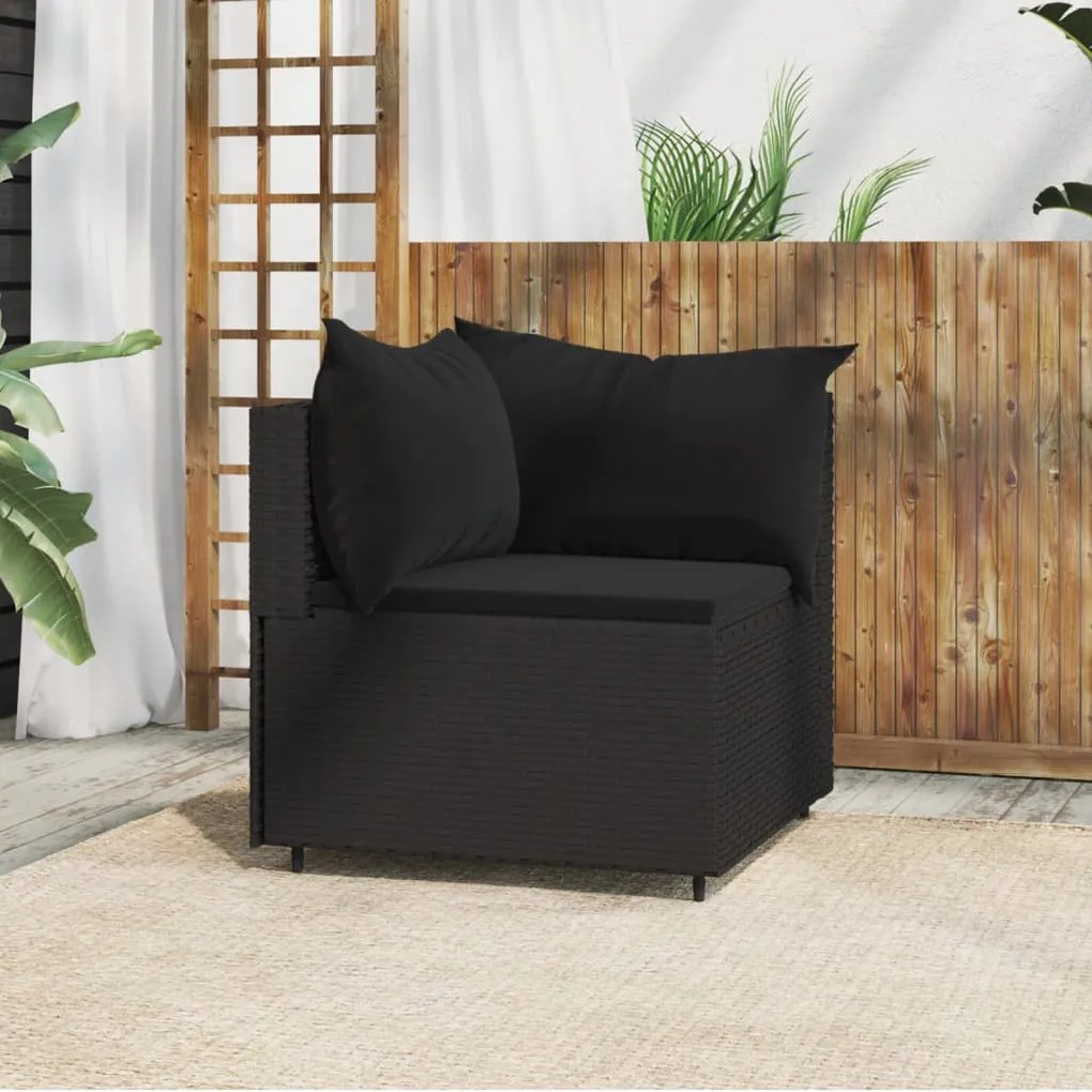 vidaXL Sofá de canto p/ jardim c/ almofadões vime PE preto