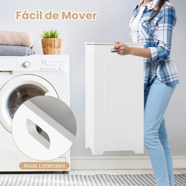 Cesto com grande capacidade para roupa suja com tampa articulada em metal, pega lateral e bolso interior 30 x 30 x 61 cm Branco
