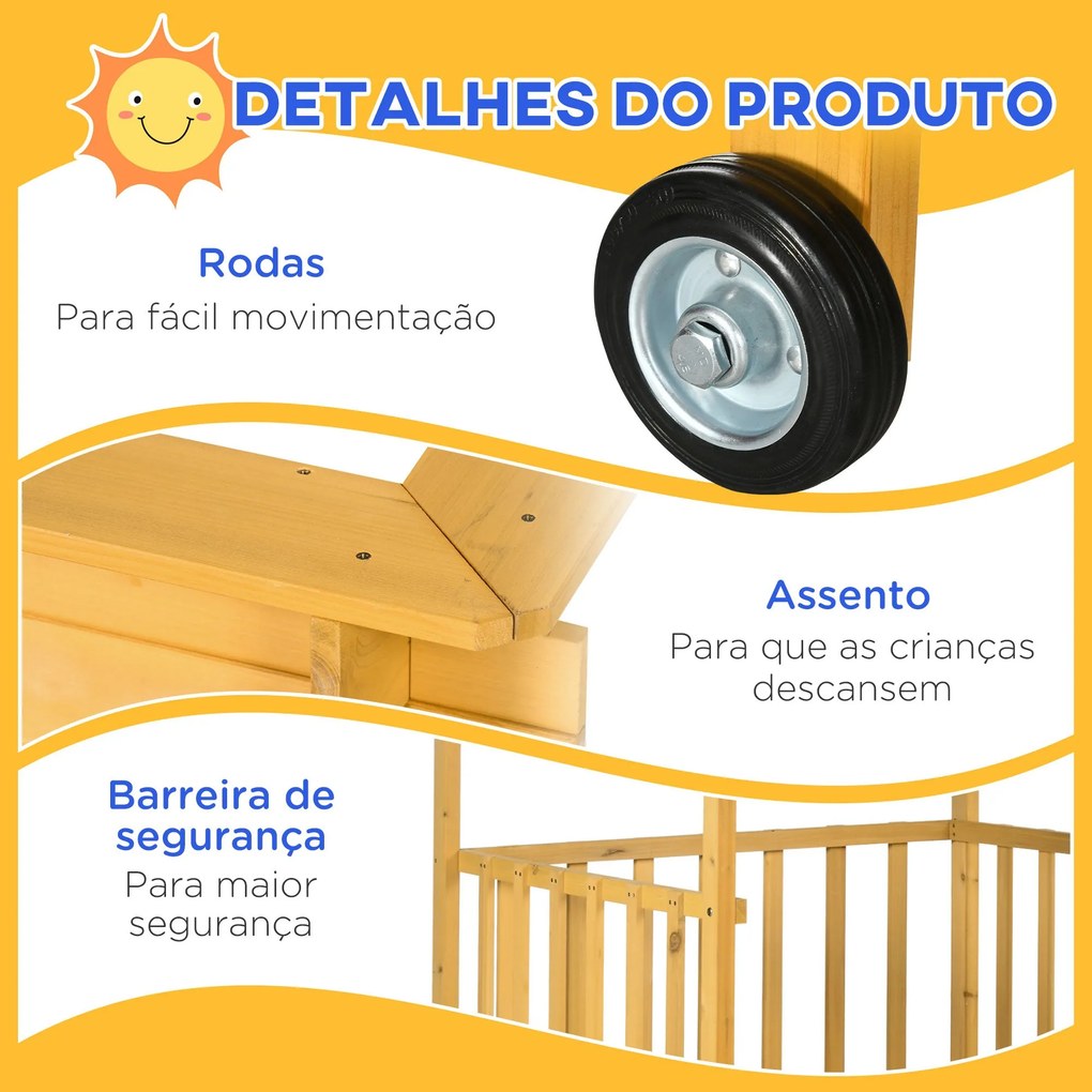 Caixa de Areia para Crianças com Varanda de Madeira Teto e Rodas Caixa