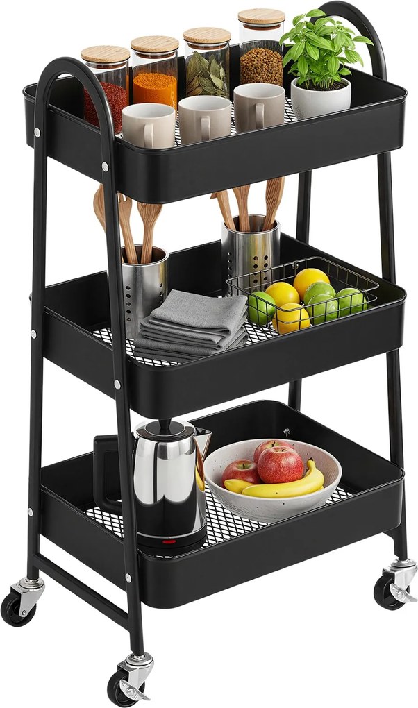Carrinho multifuncional 3 níveis em metal 32,5 x 45,8 x 77,5 cm preto
