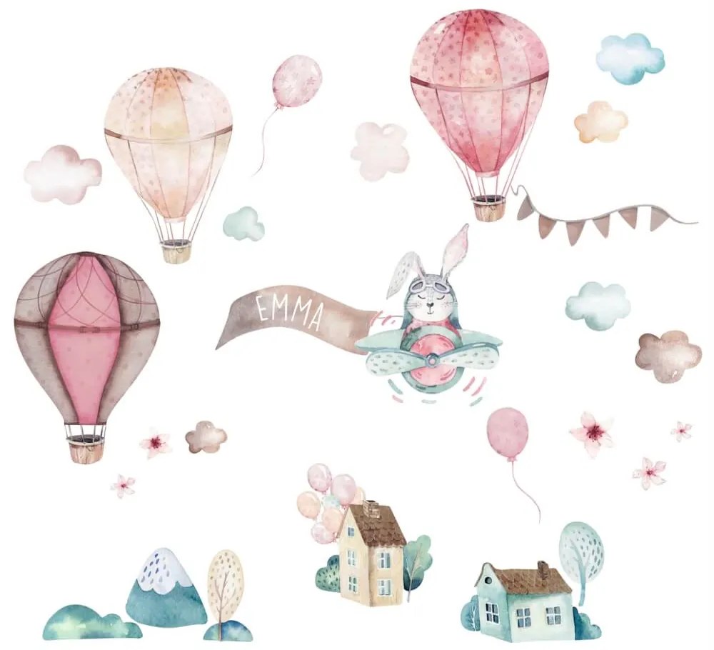 Autocolantes parede - Balões cor-de-rosa, coelhos e casas