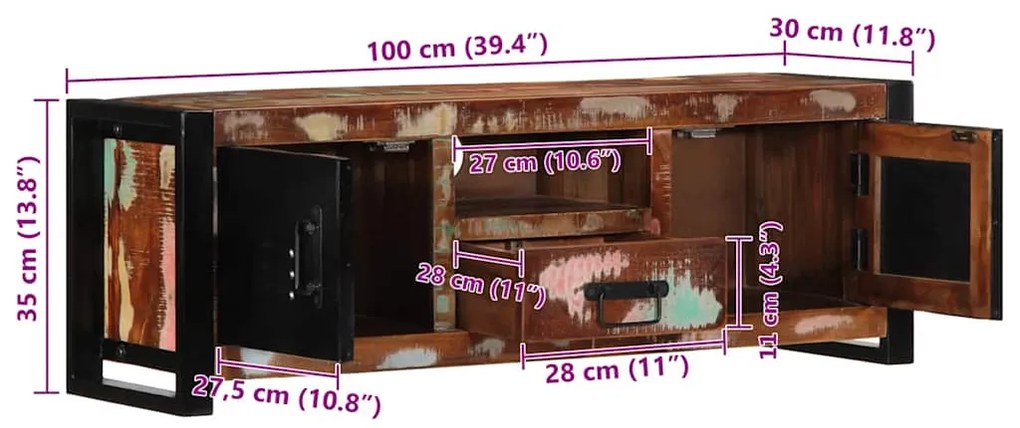 Armário para TV 100x30x35 cm Madeira maciça recuperada