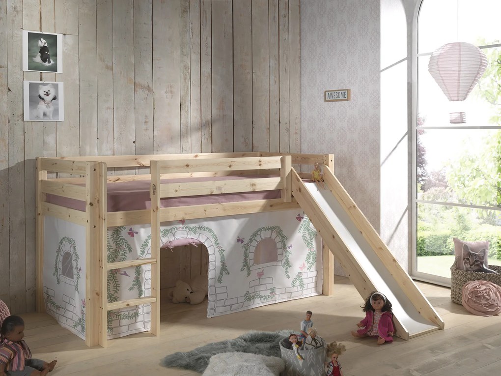 Conjunto Cama alta de Criança PINO 90 x 200 cm + estrado + escada + escorrega + cortina Pássaros Natural