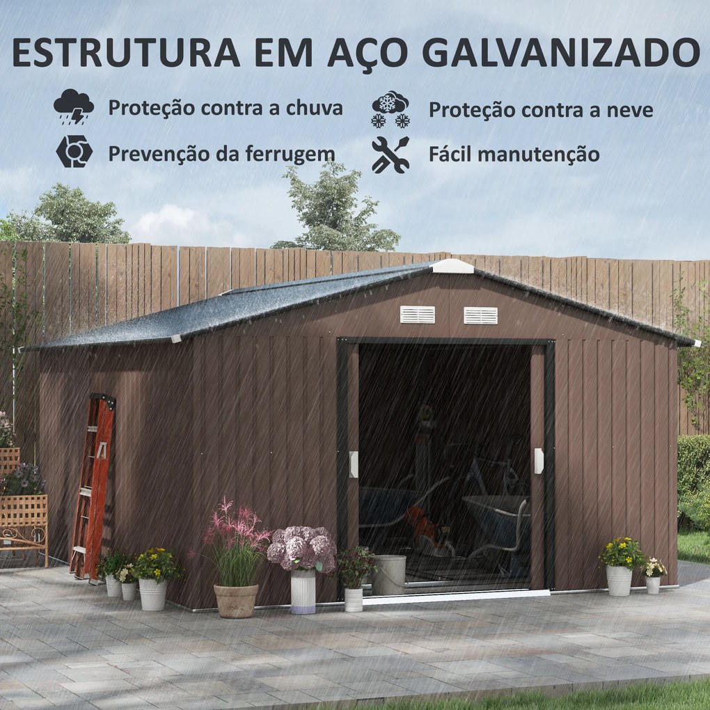 Abrigo de Jardim Exterior para Armazenamento de Ferramentas com 4 Janelas 12,4 m² 340x386x200 cm Castanho