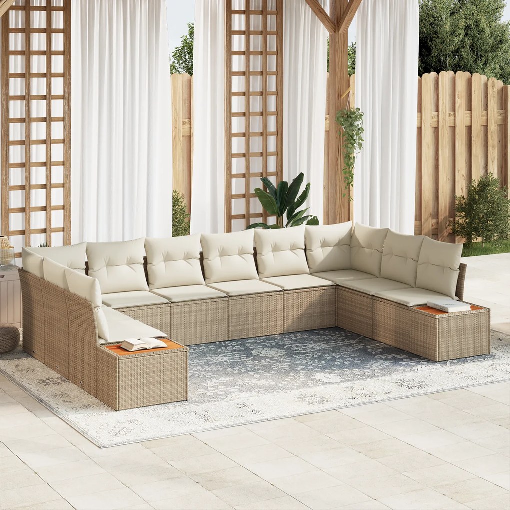 vidaXL Conjunto de Sofás para Jardim com Almofadas Bege Vime PE Acácia