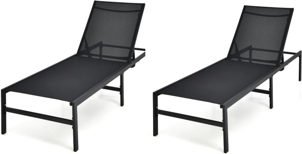 Conjunto de 2 Espreguiçadeiras de Terraço, 64 x 198 x 67-103 cm, Encosto Reclinável em 6 Níveis, Preto
