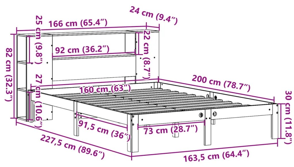 Cama com estante sem colchão 160x200 cm pinho maciço branco