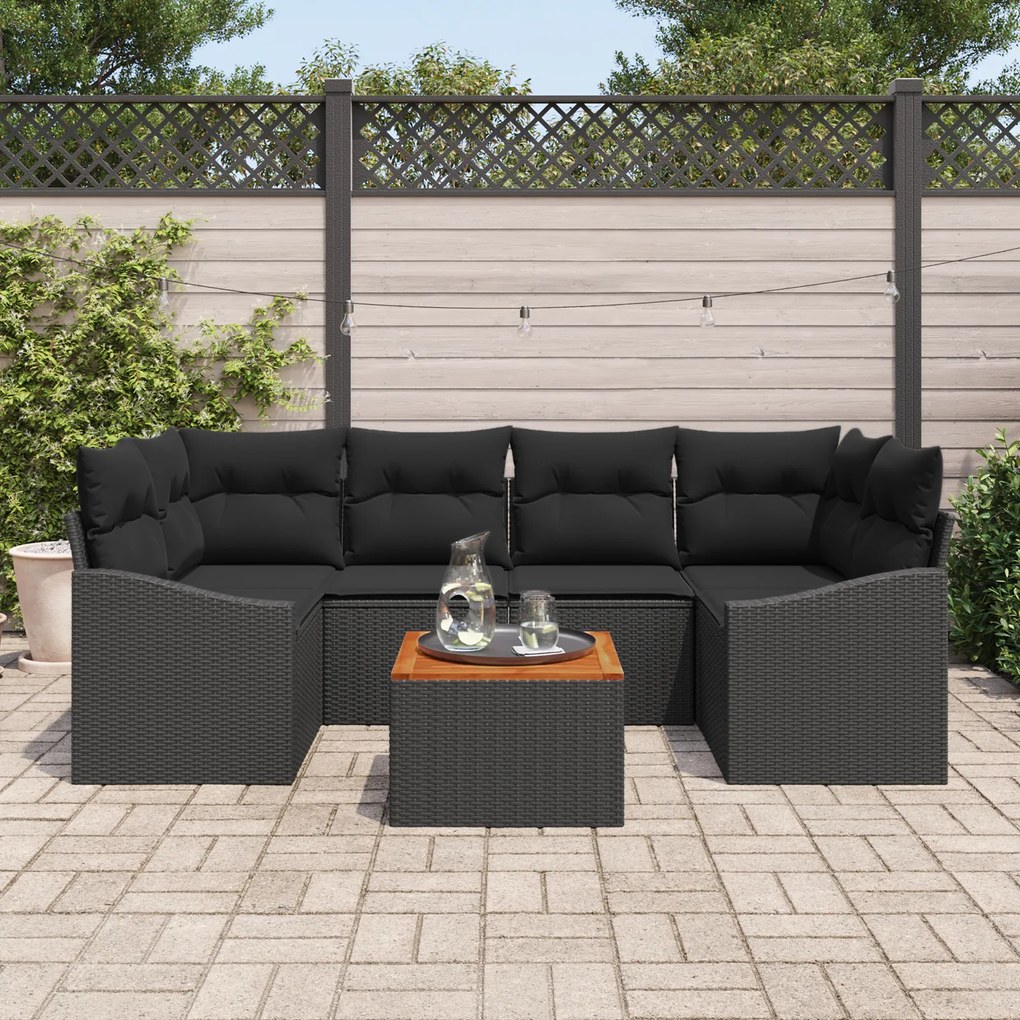 Conjunto de Sofá de Jardim 7 Peças com Almofadas Preto Poli Rattan Acá