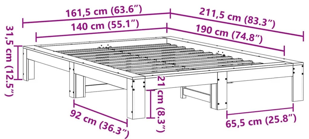 Cama sem colchão 140x190 cm pinho maciço castanho-mel