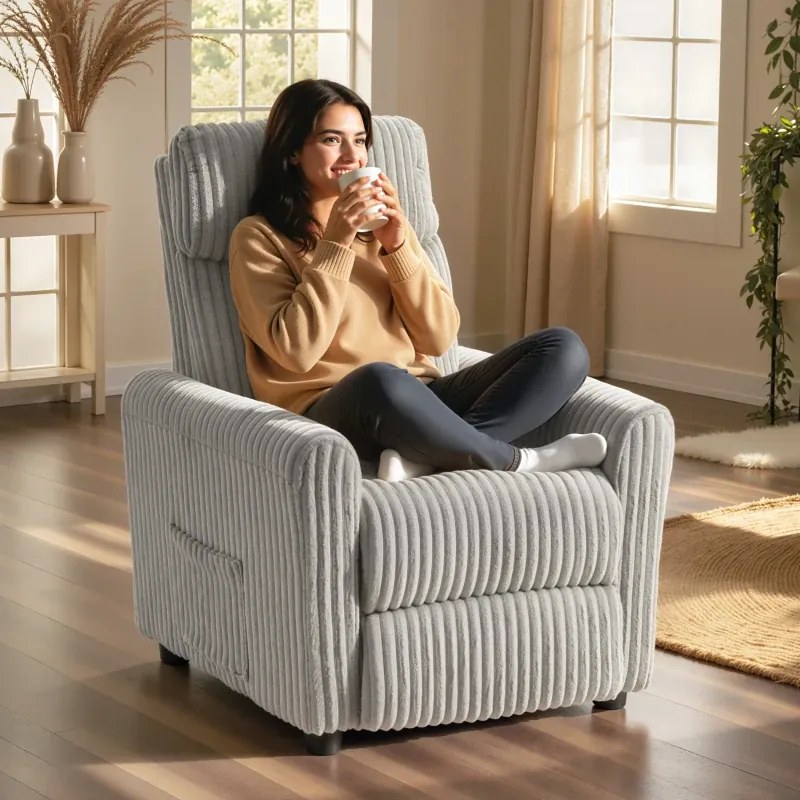 Poltrona Relax Reclinável Manual Estofada em Veludo com Apoio para Pés 73x86x100 cm Cinzento