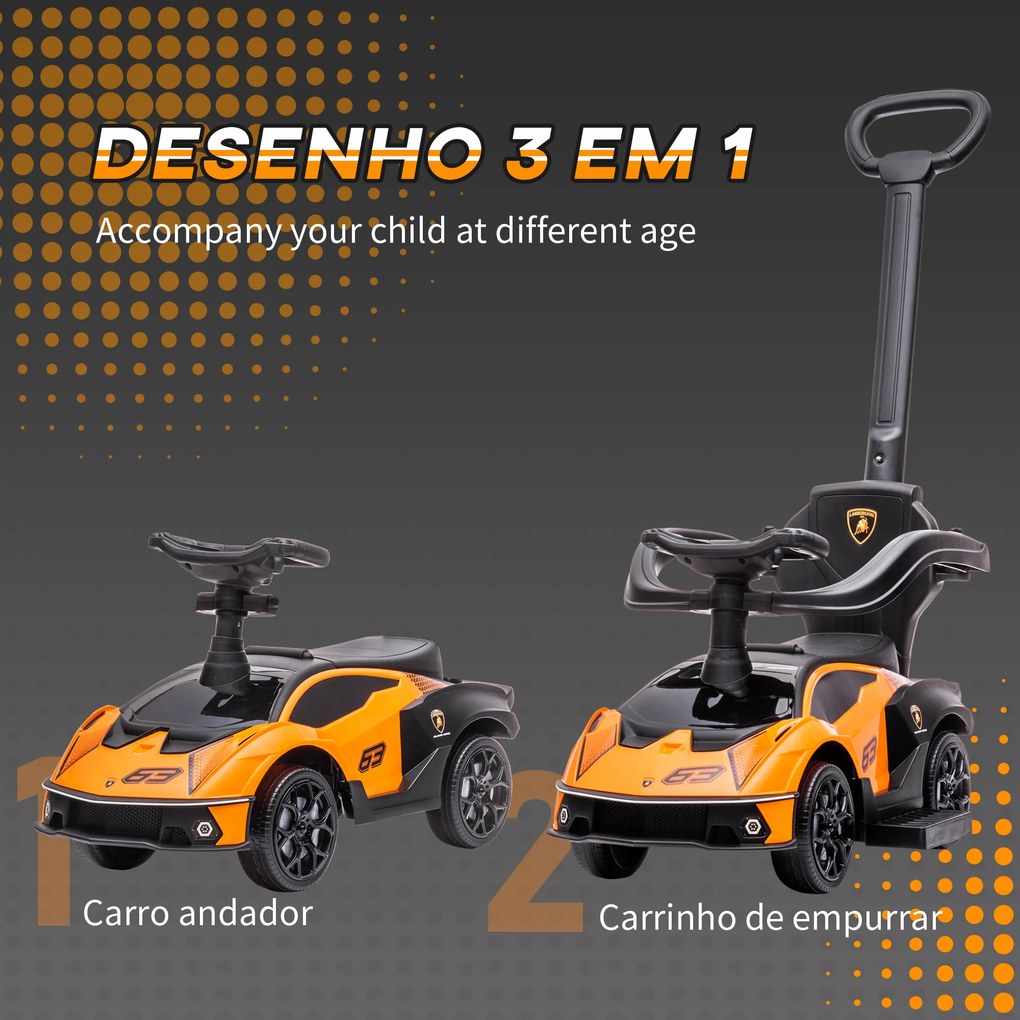 Carro Andarilho Lamborghini Essenza SCV2 Carro Andador com Buzina Guiador e Grade de Segurança 86,5x40x89,5cm Laranja