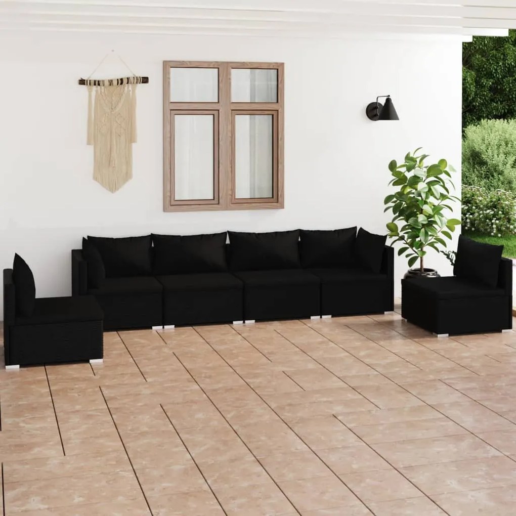 6 pcs conjunto lounge de jardim c/ almofadões vime PE preto