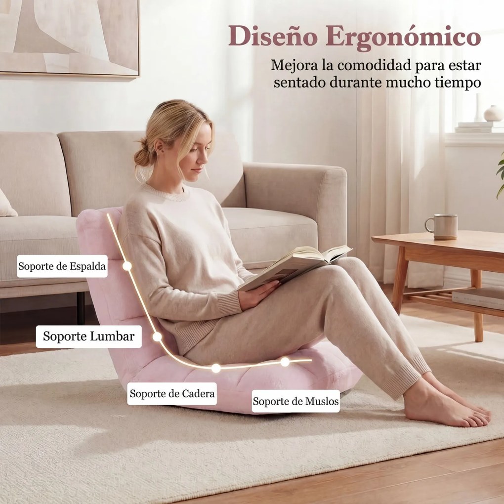 Cadeira de Chão Dobrável, 104 x 53 x 15 cm, Encosto Ajustável em 14 Posições, Rosa-claro