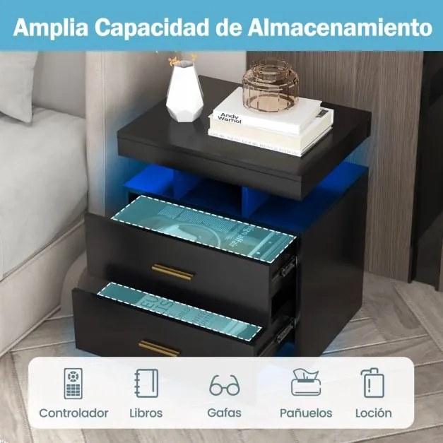 Mesa de cabeceira LED com 2 gavetas Mesa de cabeceira moderna com modo de luz ajustável e controlo remoto 50 x 40 x 58 cm Preto