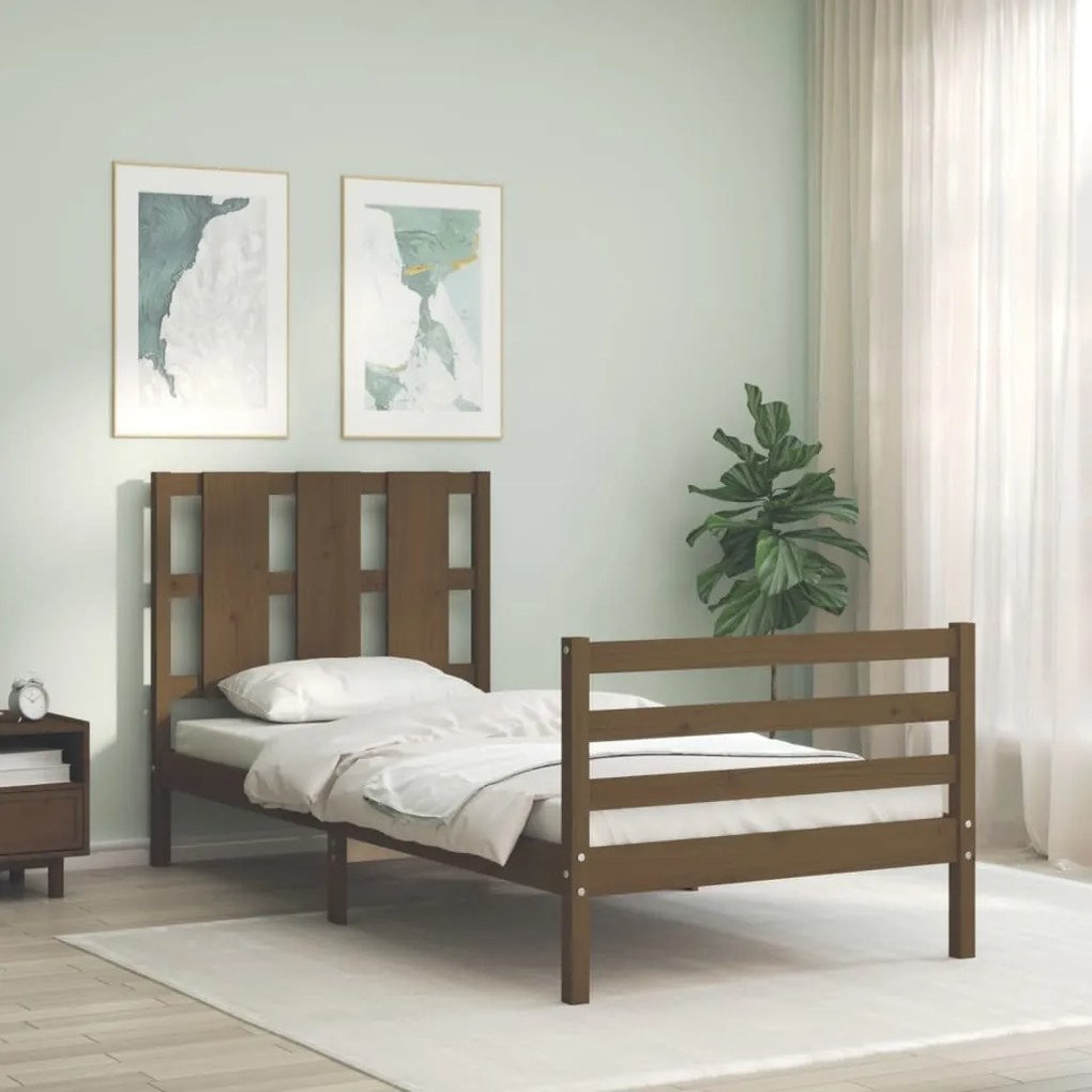 Estrutura cama cabeceira 100x200cm madeira maciça castanho-mel