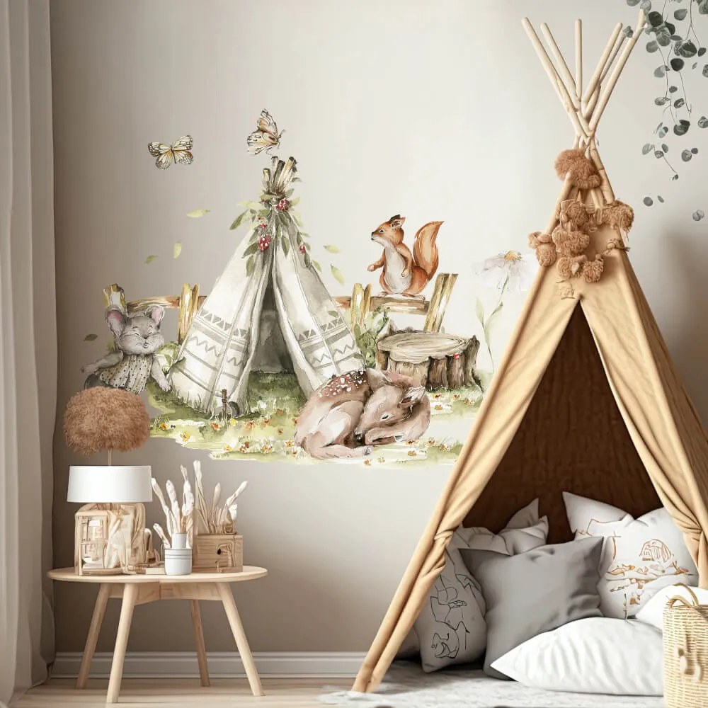 Autocolante de parede Woodland - Tenda Teepee e animais da floresta