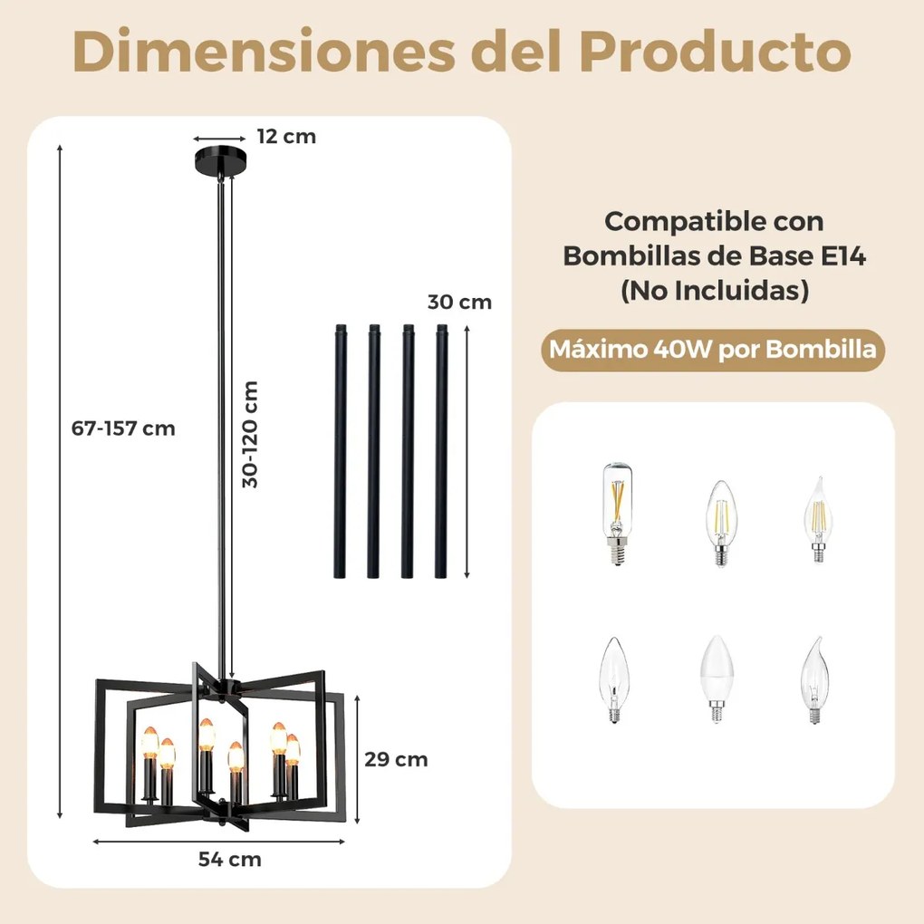 Candeeiro Teto rústico de 6 luzes com design geométrico, altura ajustável e metal industrial para sala de jantar e ilha de cozinha, preto