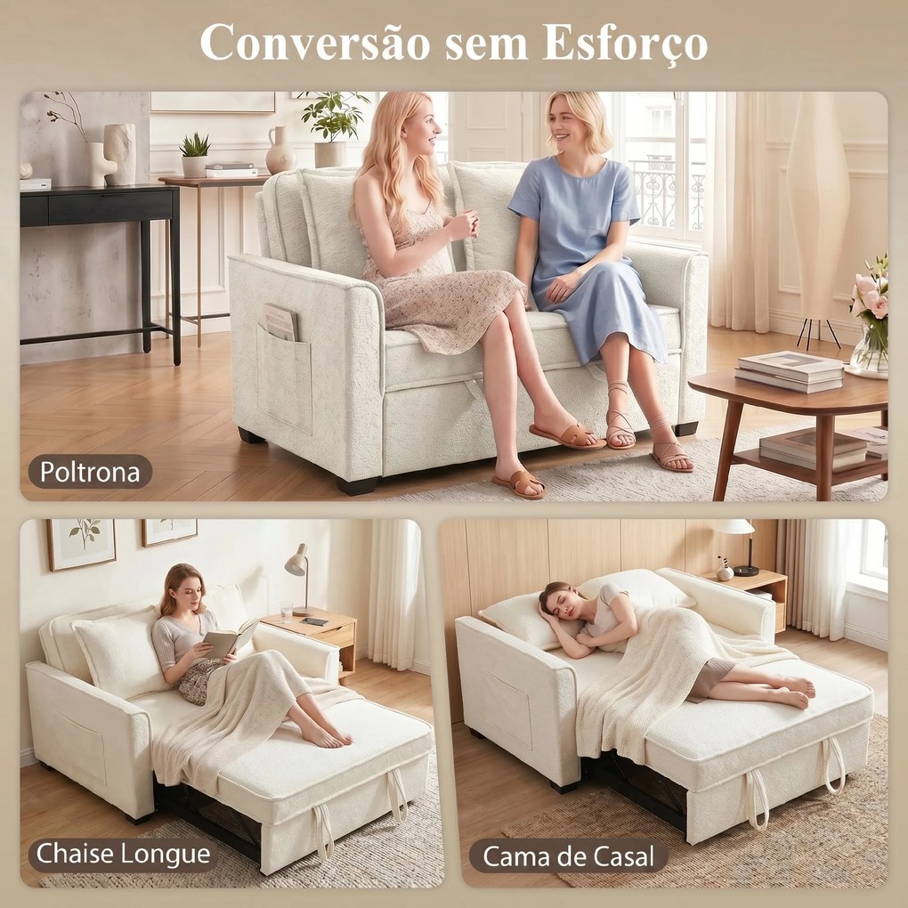 Sofá-Cama 2 Lugares 3 em 1 com Encosto Ajustável Bolsos Laterais 2 Almofadas para Sala Creme