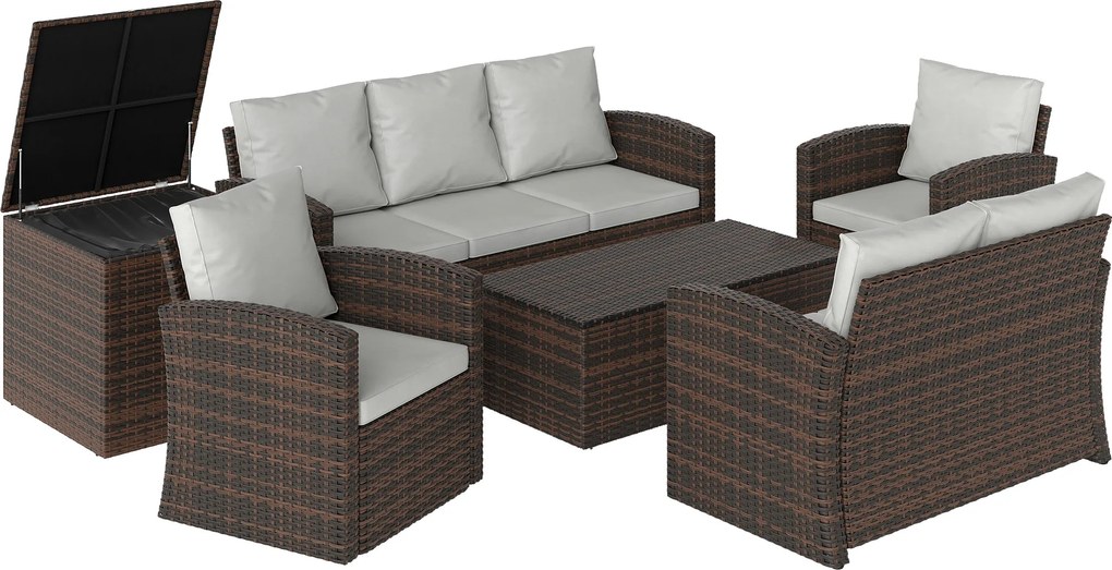 Conjunto de Jardim Exterior de Vime 6 Peças Almofadas Sofá Duplo Sofá de 3 Lugares 2 Poltronas 2 Mesas Auxiliares Bege