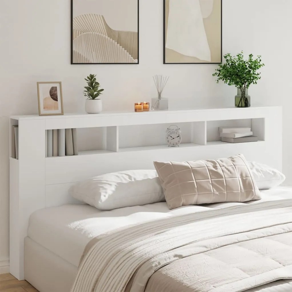 Cabeceira cama c/ LEDs 220x18,5x103,5 cm deriv. madeira branco