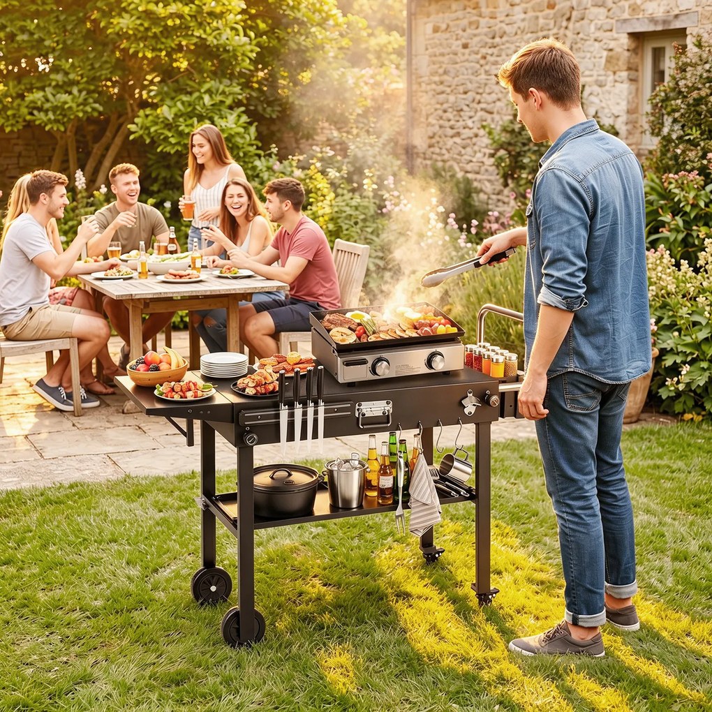 Carrinho Auxiliar para Churrasco com Rodas, 118 x 43 x 88 cm, Dobrável, Preto