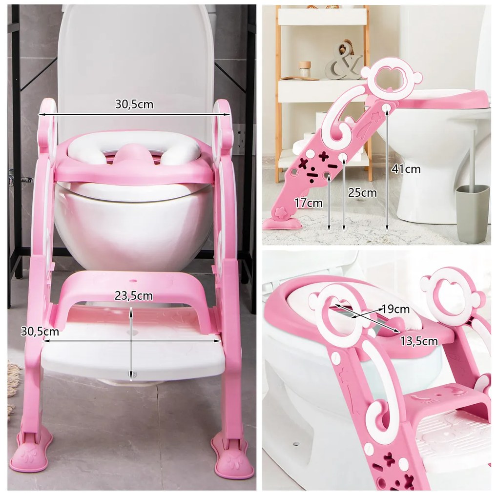 Escada para sanita infantil Altura Adequada 39-42 cm Banco dobrável regulável Assento almofadado largo Degraus antiderrapantes Rosa