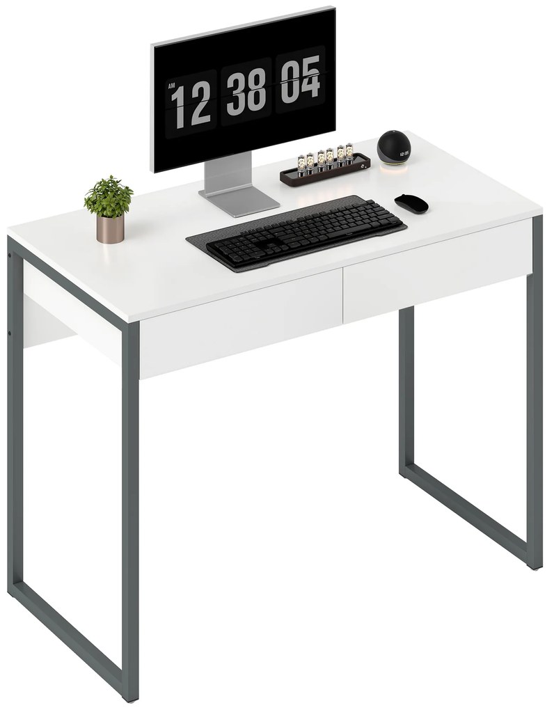 Secretária com 2 Gavetas 100x50 cm Mesa de Computador Pernas de Aço para Casa Escritório Espaços Pequenos Branco Brilhante