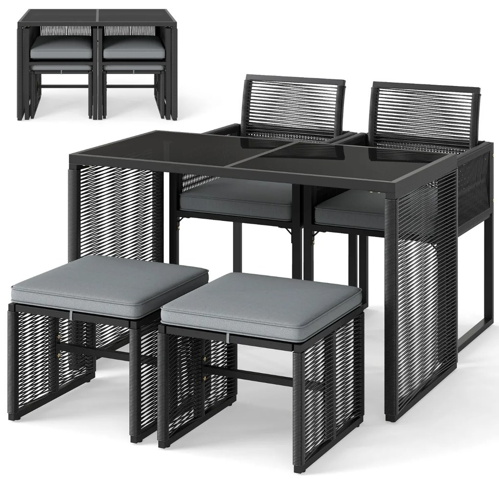 Conjunto de Móveis de Rattan Cadeira de Rattan PE e Mesa de Vidro Temperado com Pufes para Jardim Cinzento e Preto