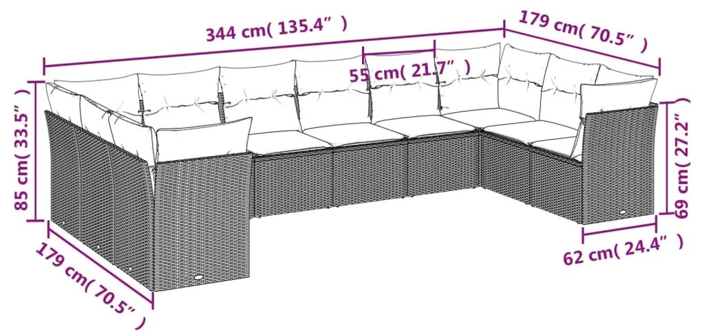 10 pcs conjunto sofás de jardim c/ almofadões vime PE preto