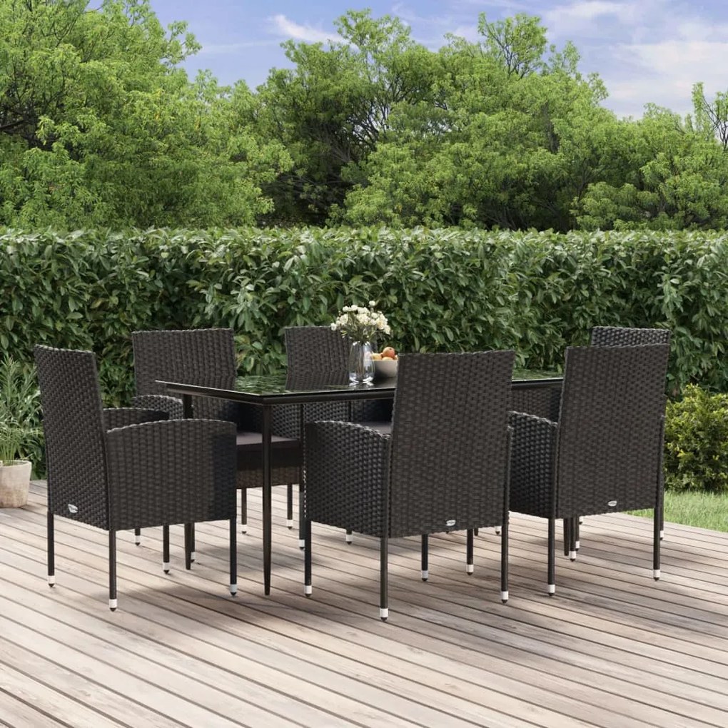 vidaXL 7 pcs conjunto de jantar p/ jardim c/ almofadões vime PE preto