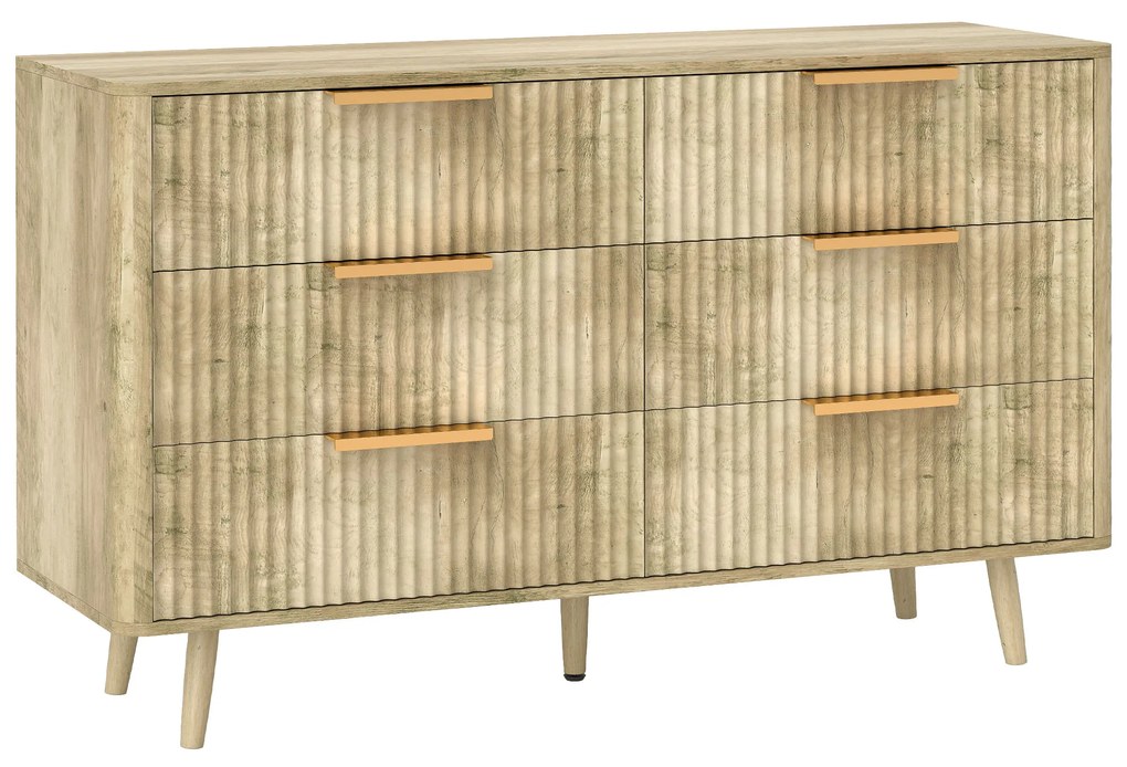 HOMCOM Cómoda 6 Gavetas para Dormitório com Frentes das Gavetas Estriadas e Pés de Madeira 120x40x76 cm Madeira | Aosom Portugal