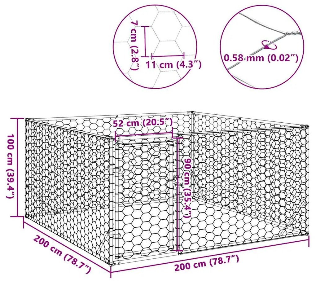 Canil exterior para cães com porta 2x2x1 m aço galvanizado