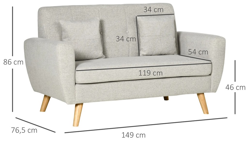 Sofá de 2 Lugares Estofado em Linho Sintético Sofá Moderno de Sala de Estar com 2 Almofadas Amovíveis Apoio para os Braços e Pés de Madeira 149x76,5x86cm Creme