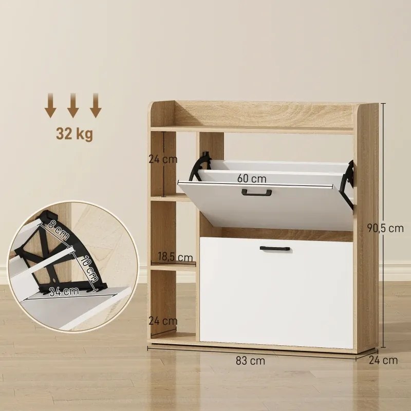 Sapateira Estreita com 3 Prateleiras Laterais e Prateleiras Ajustáveis para 15 Pares de Sapatos 83x24x90,5 cm Madeira e Branco