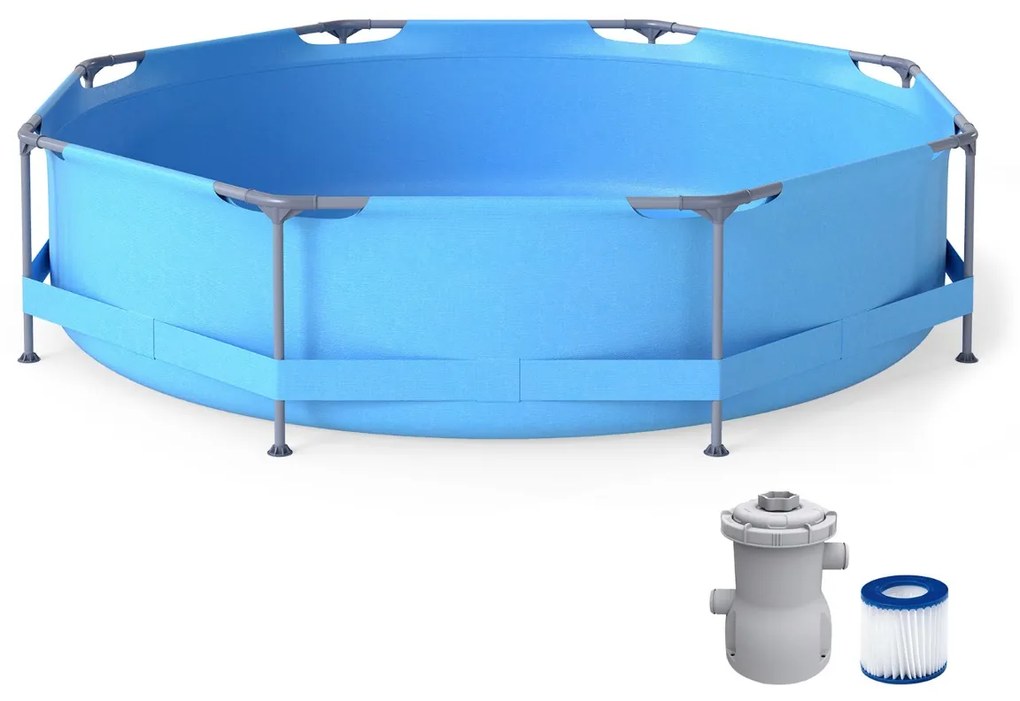 Piscina Redonda diâmetro de 3,6 metros com Estrutura Metálica e Bomba de Filtro Capacidade de 6125 L para Jardim Azul