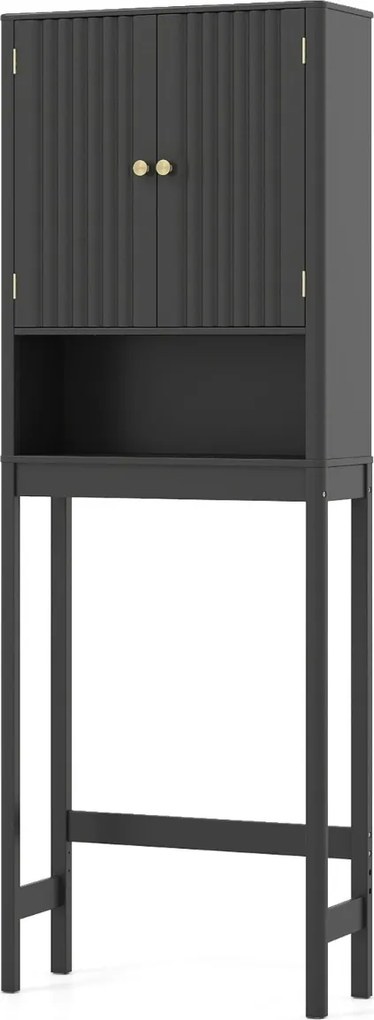 Armário casa banho sobre sanita 60 x 23 x 168 cm com portas caneladas, prateleira ajustável e economizador de espaço Preto