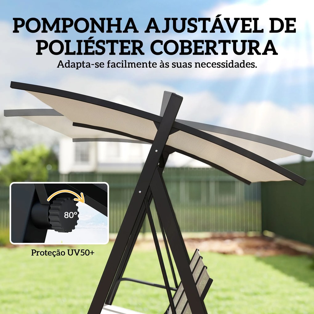 Baloiço de Jardim de 3 Lugares com Teto Ajustável UPF50+ Assento Transpirável e Estrutura em Metal 188x130x183 cm Creme