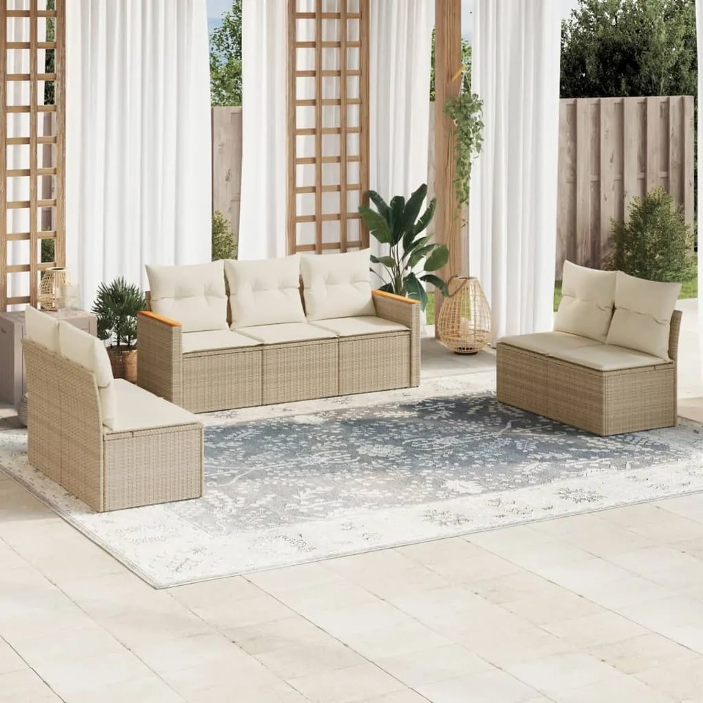 7 pcs conjunto de sofás p/ jardim com almofadões vime PE bege