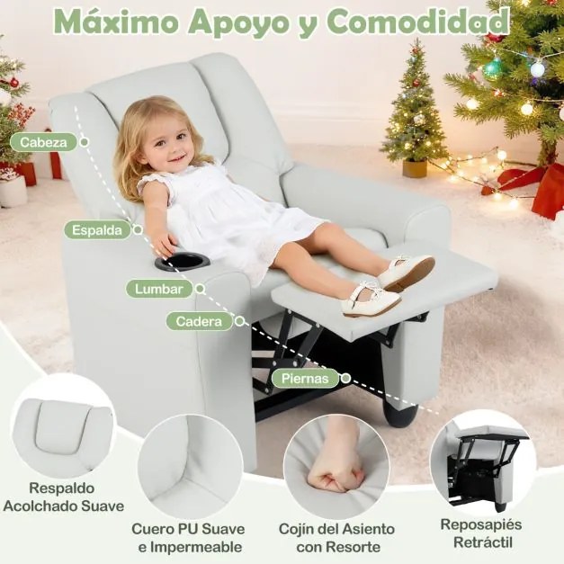 Poltrona reclinável para crianças em veludo, com porta-copos e apoio para os pés ajustável, para sala de estar ou área de jogos, a partir dos 3 anos,