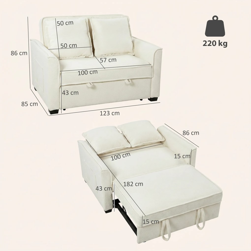 Sofá-Cama 2 Lugares 3 em 1 com Encosto Ajustável Bolsos Laterais 2 Almofadas para Sala Creme
