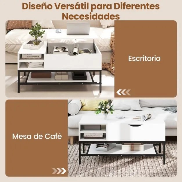 Mesa de centro elevável 99,5 x 49,5 x 47,5 cm com compartimento oculto com prateleira de armazenamento elevável Branca