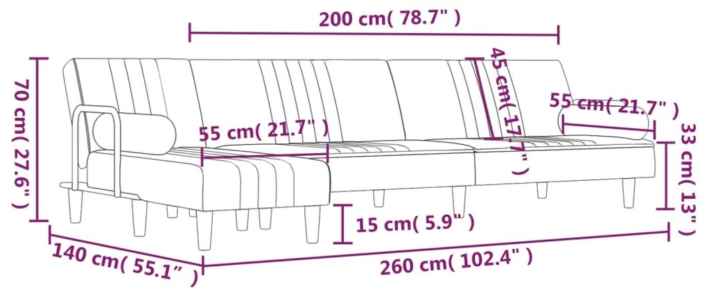 Sofá-cama em forma de L 260x140x70 cm veludo cinzento-claro