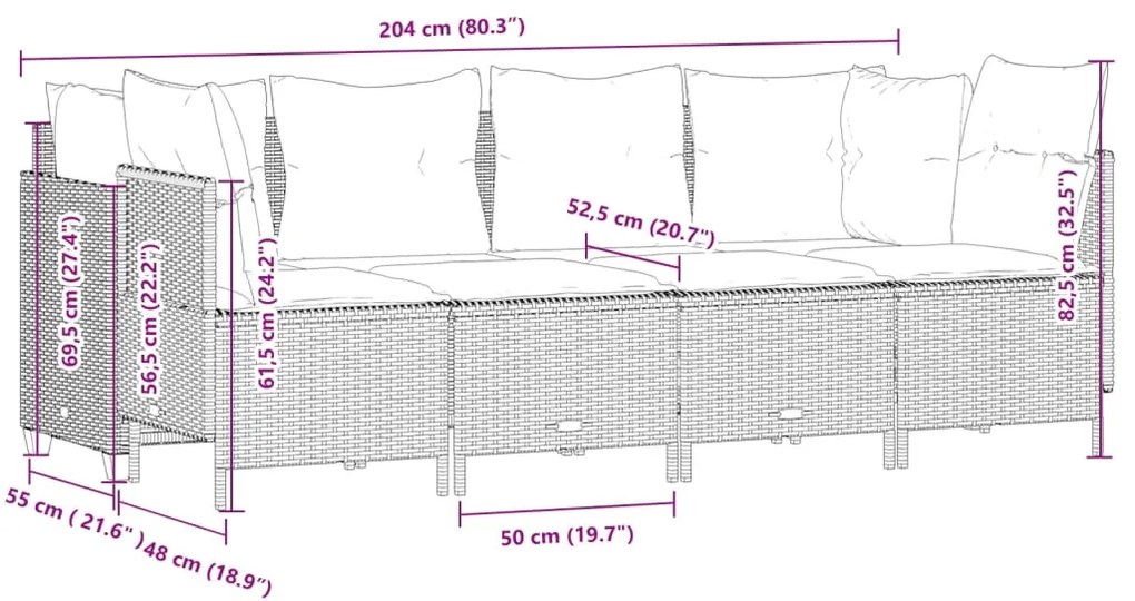 5 pcs conjunto sofás de jardim c/ almofadões vime PE cinzento