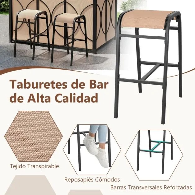 Conjunto de Pérgula para Churrasqueira ou bar 194 x 121 x 242 cm com 2 Bancos Estante Metálica de 2 Níveis com Teto Duplo Castanho