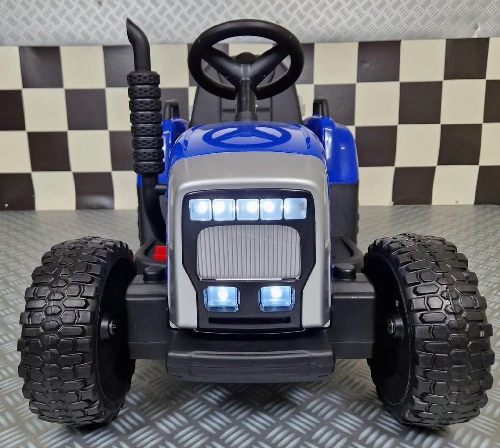 Tractor de bateria para crianças 3 a 5 anos, 12 volts, Pneus borracha, banco em pele, com reboque e Comando Azul