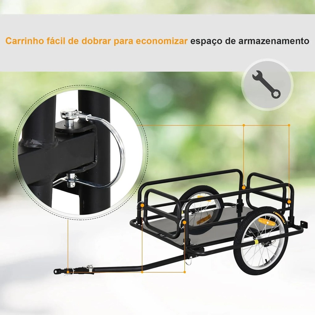 Reboque de bicicleta dobrável para carregamento de bagagem de 40kg com estrutura de aço leve e refletores 139x71,5x49 cm Preto