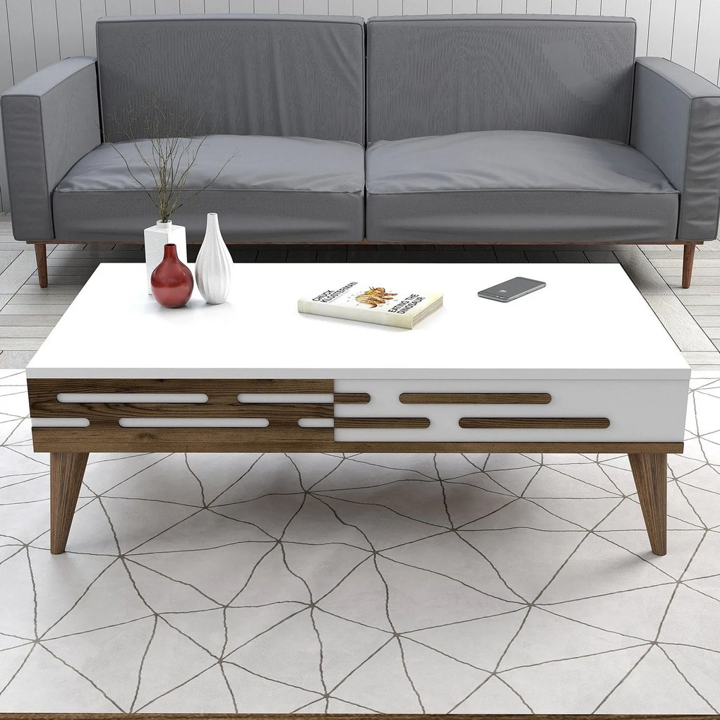 Mesa de Centro Valensiya – Nogueira e Branco – 105 cm x 60 cm x 34,6 c