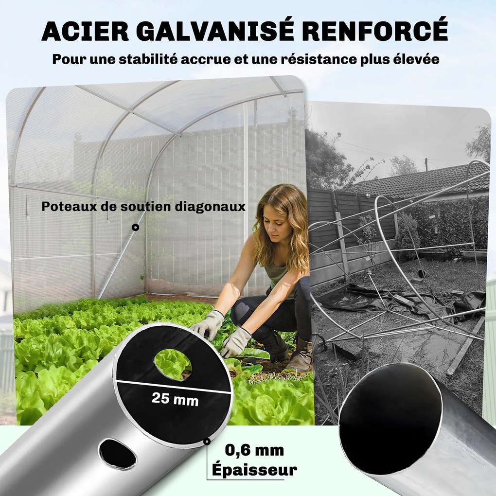 Estufa tipo túnel de 24 m², com estrutura em aço galvanizado, portas e 2 janelas grandes, branca
