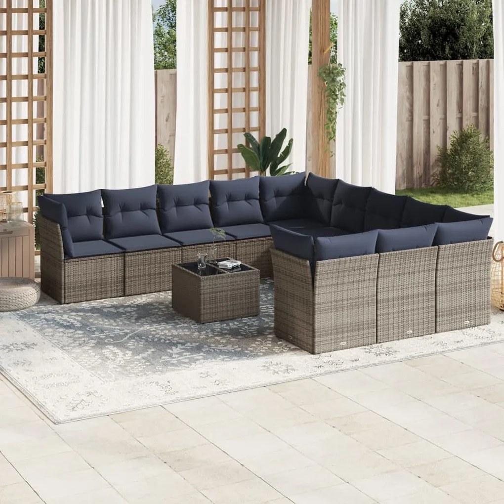 vidaXL 12 pcs conjunto sofás p/ jardim c/ almofadões vime PE cinzento